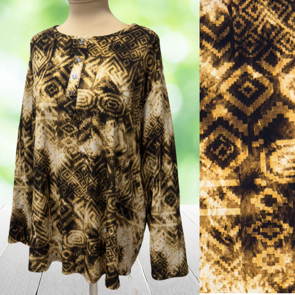 Vintage LINKS Travel Knit Tunic Top Tapa Geometric Abstract Brown Black Plus 2X